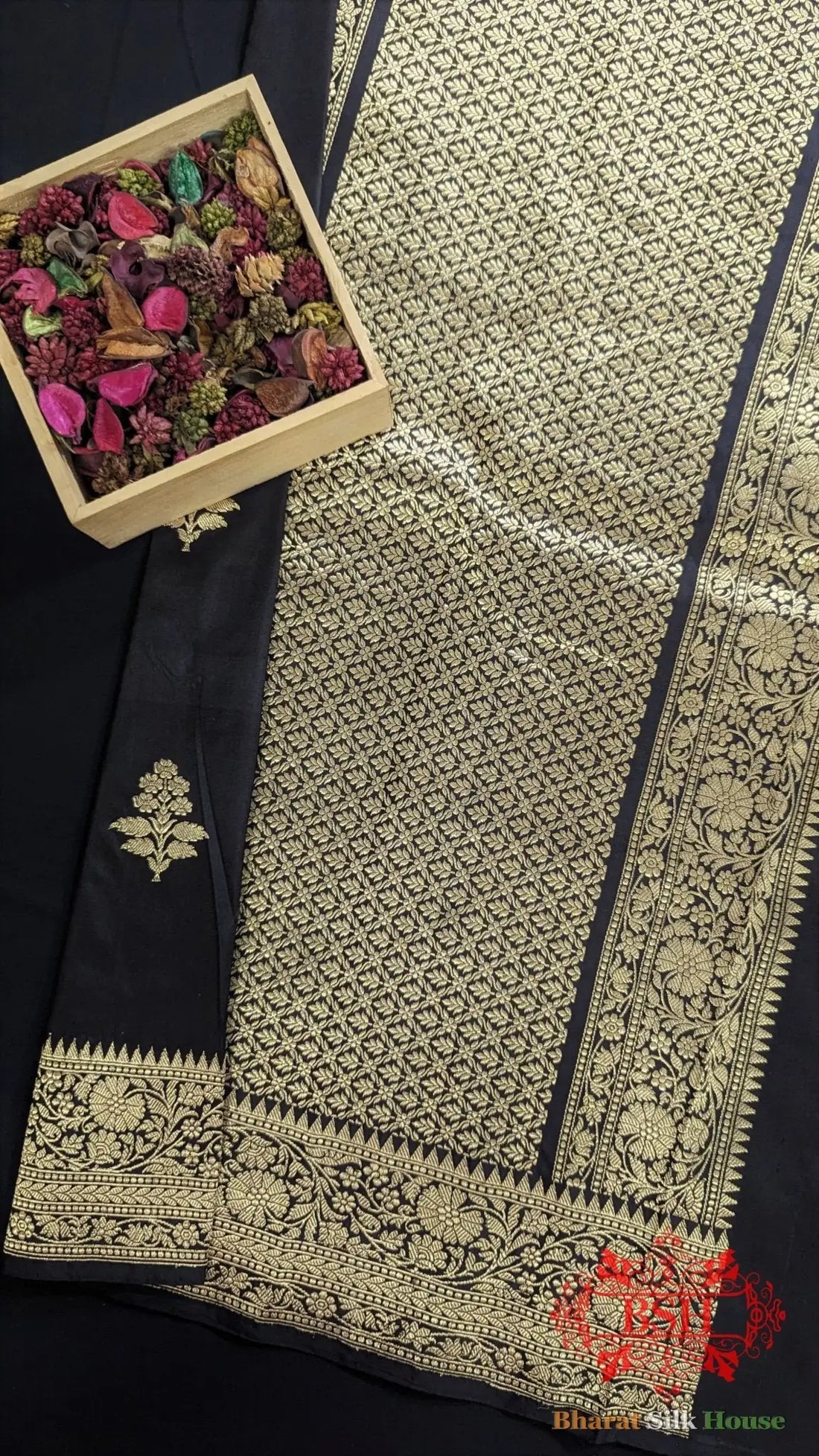 Pure Banarasi Handloom Katan Silk Antique Zari Saree In Shades Of Black - Bharat Silk House Pure Kataan Silk