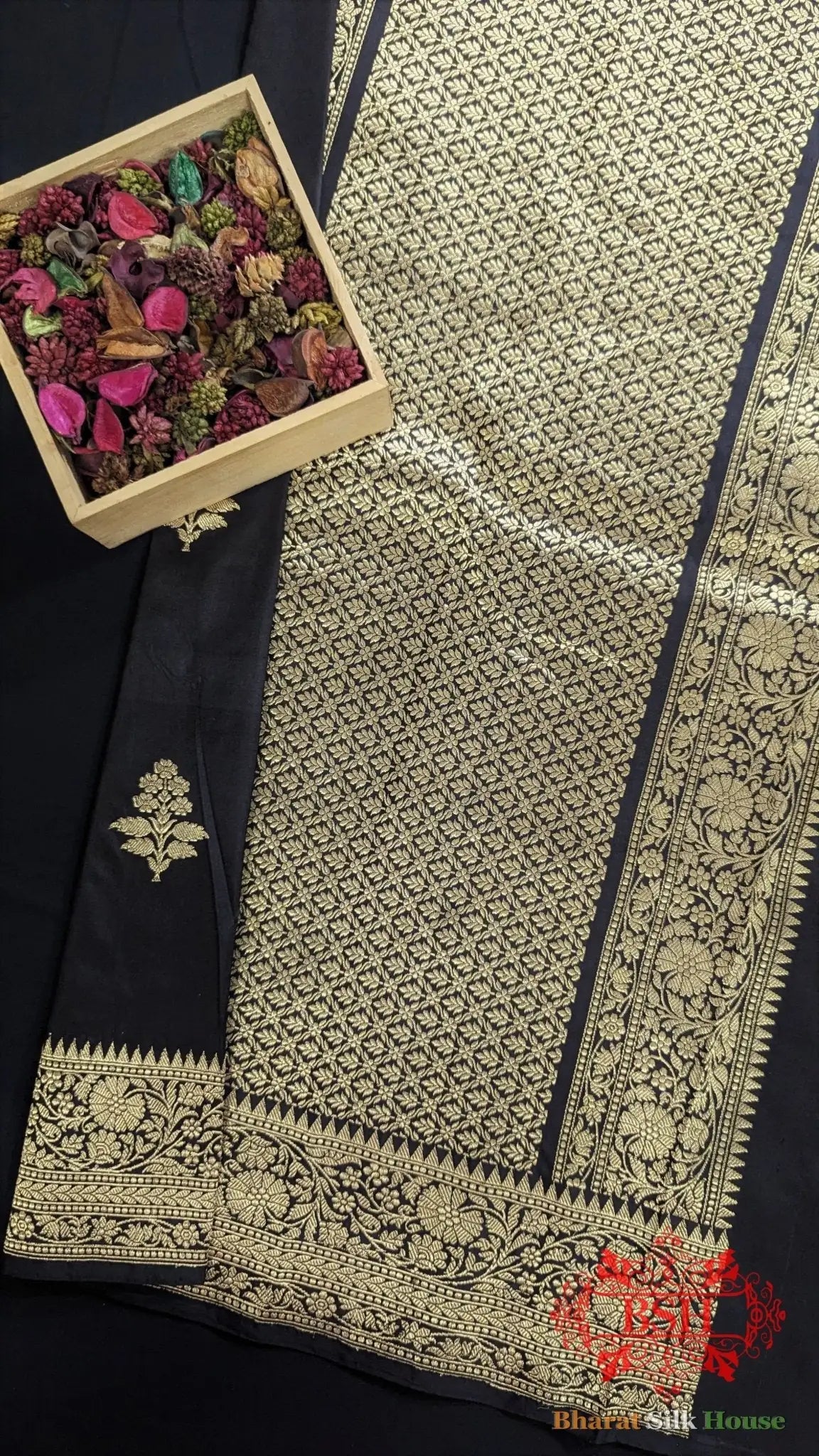 Pure Banarasi Handloom Katan Silk Antique Zari Saree In Shades Of Black - Bharat Silk House Pure Kataan Silk