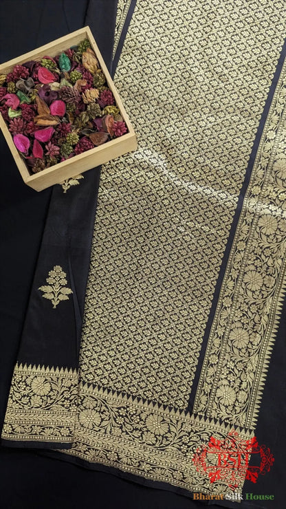 Pure Banarasi Handloom Katan Silk Antique Zari Saree In Shades Of Black - Bharat Silk House Pure Kataan Silk