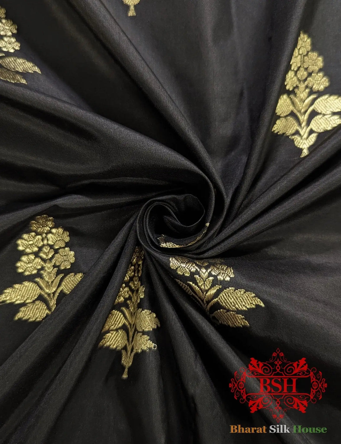 Pure Banarasi Handloom Katan Silk Antique Zari Saree In Shades Of Black - Bharat Silk House Pure Kataan Silk