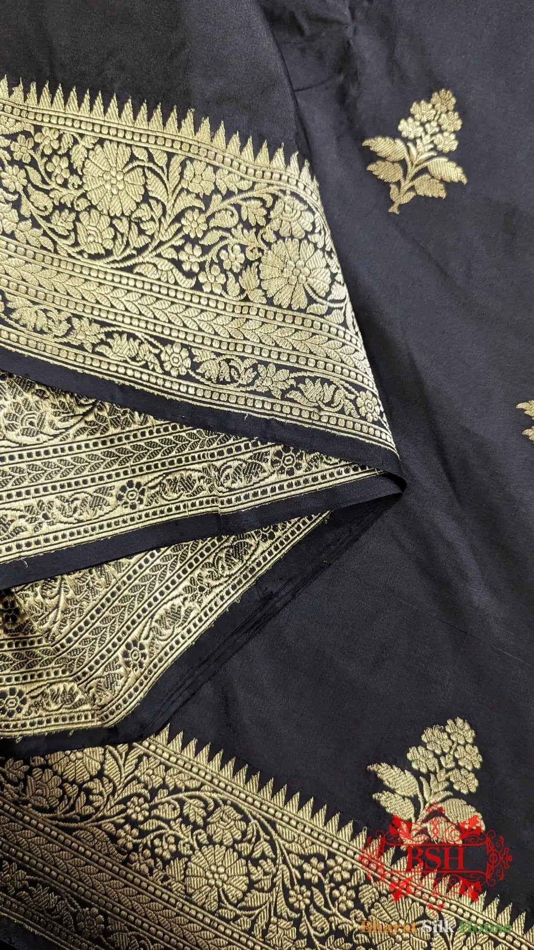 Pure Banarasi Handloom Katan Silk Antique Zari Saree In Shades Of Black - Bharat Silk House Pure Kataan Silk