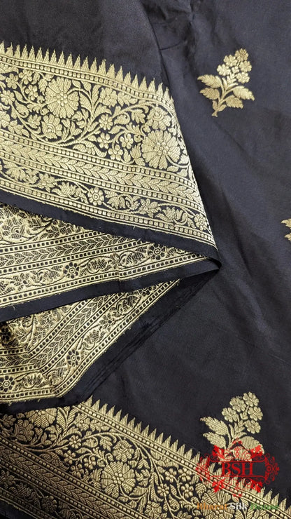 Pure Banarasi Handloom Katan Silk Antique Zari Saree In Shades Of Black - Bharat Silk House Pure Kataan Silk