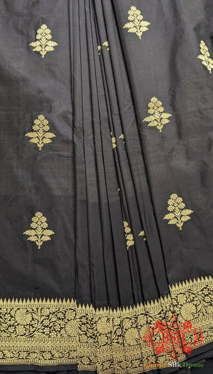 Pure Banarasi Handloom Katan Silk Antique Zari Saree In Shades Of Black - Bharat Silk House Pure Kataan Silk