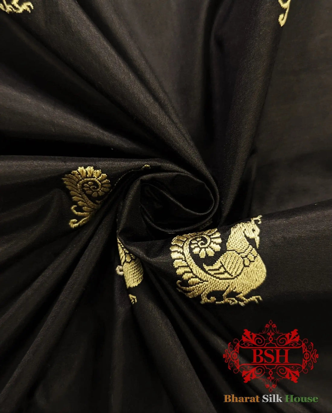 Pure Banarasi Handloom Katan Silk Antique Zari Saree In Shades Of Black With Red Border - Bharat Silk House Pure Kataan Silk