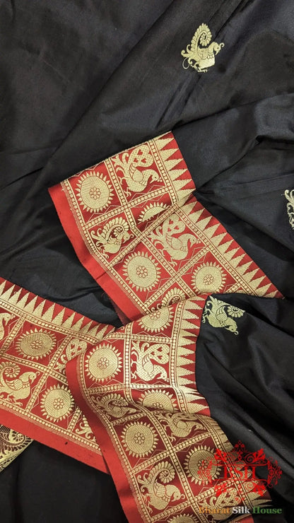 Pure Banarasi Handloom Katan Silk Antique Zari Saree In Shades Of Black With Red Border - Bharat Silk House Pure Kataan Silk