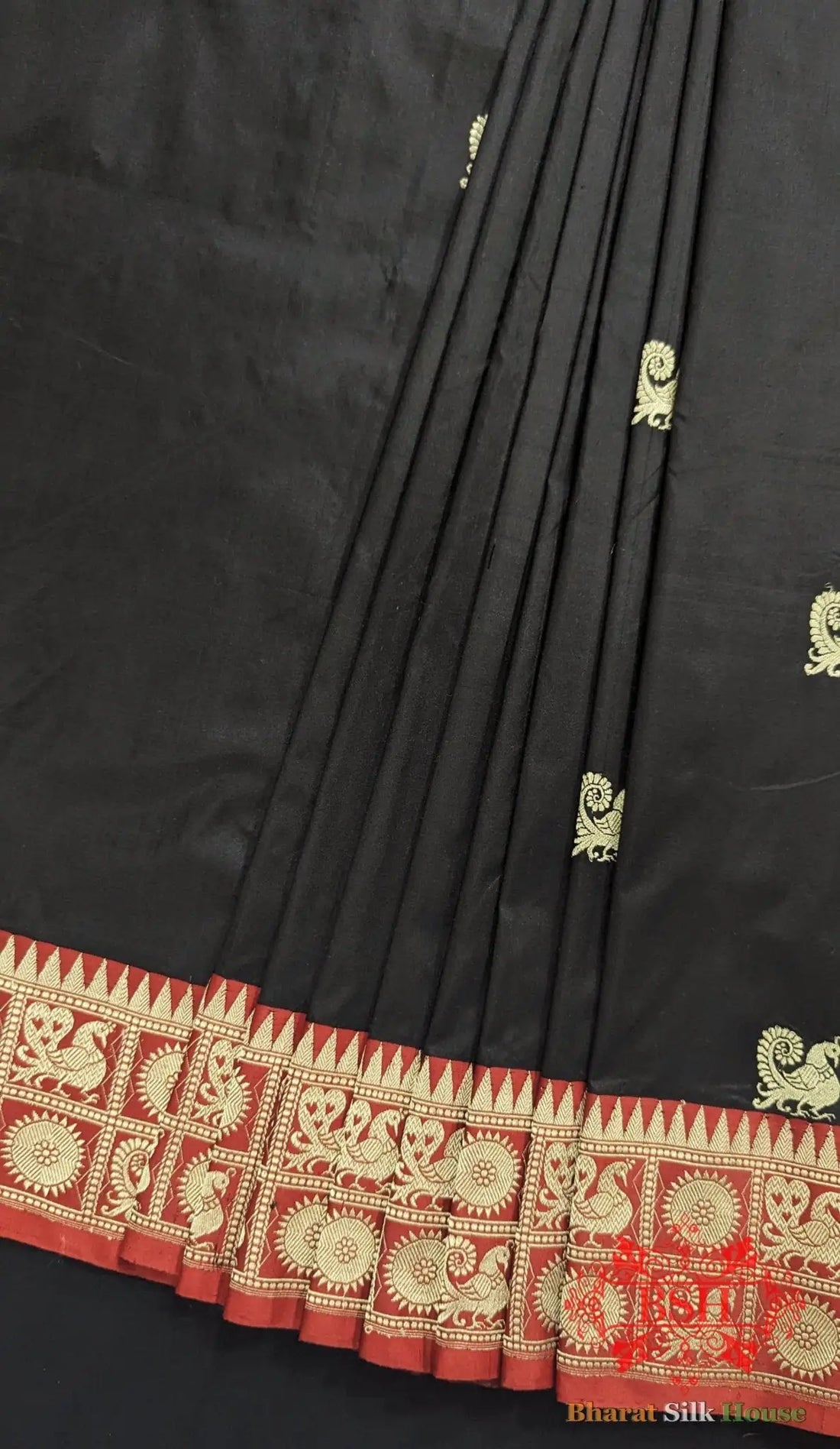 Pure Banarasi Handloom Katan Silk Antique Zari Saree In Shades Of Black With Red Border - Bharat Silk House Pure Kataan Silk