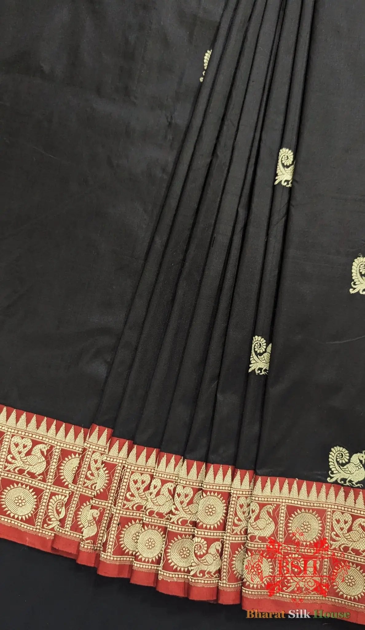 Pure Banarasi Handloom Katan Silk Antique Zari Saree In Shades Of Black With Red Border - Bharat Silk House Pure Kataan Silk