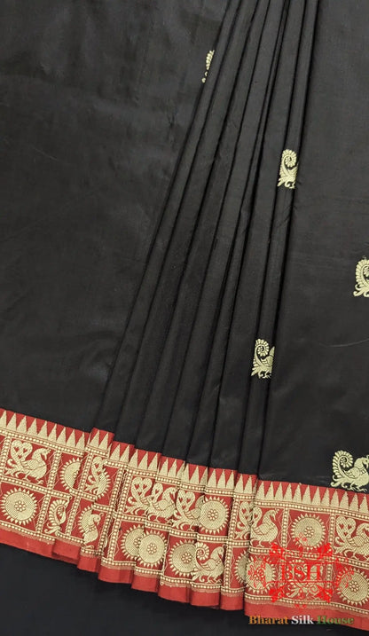 Pure Banarasi Handloom Katan Silk Antique Zari Saree In Shades Of Black With Red Border - Bharat Silk House Pure Kataan Silk