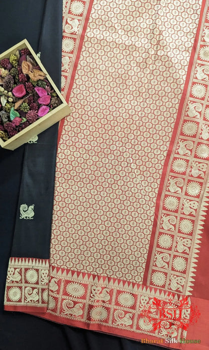 Pure Banarasi Handloom Katan Silk Antique Zari Saree In Shades Of Black With Red Border - Bharat Silk House Pure Kataan Silk