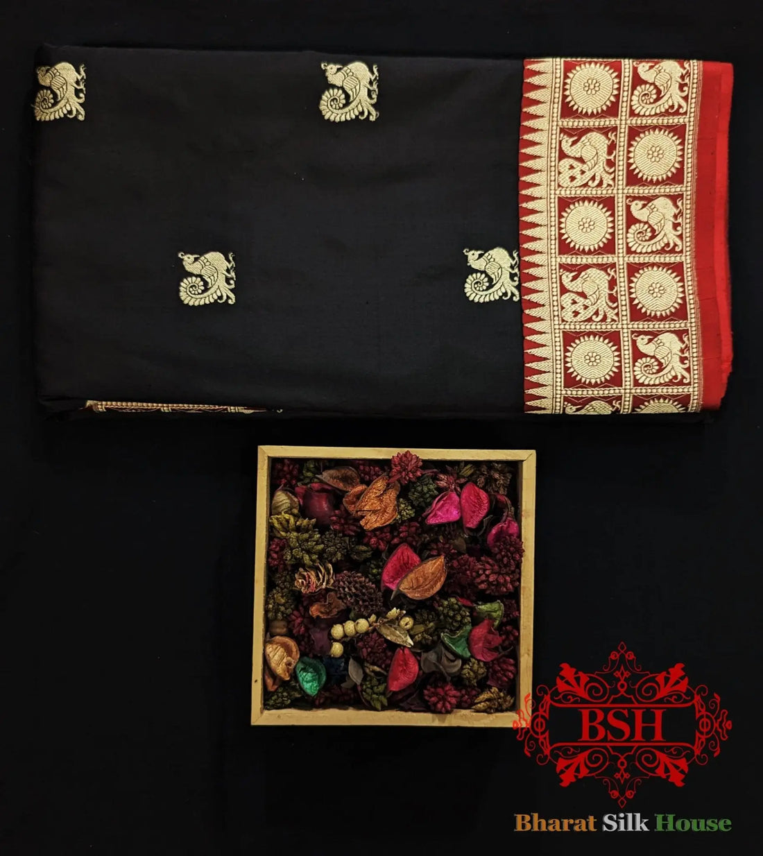 Pure Banarasi Handloom Katan Silk Antique Zari Saree In Shades Of Black With Red Border - Bharat Silk House Pure Kataan Silk