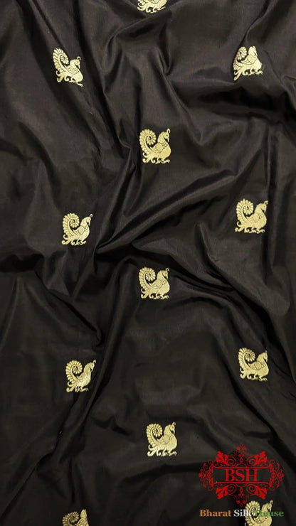 Pure Banarasi Handloom Katan Silk Antique Zari Saree In Shades Of Black With Red Border - Bharat Silk House Pure Kataan Silk