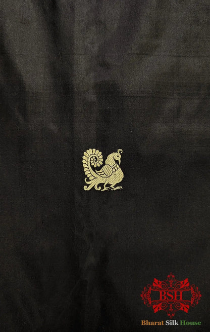 Pure Banarasi Handloom Katan Silk Antique Zari Saree In Shades Of Black With Red Border - Bharat Silk House Pure Kataan Silk