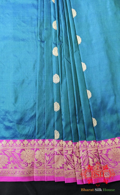 Pure Banarasi Handloom Katan Silk Antique Zari Saree In Shades Of Blue - Bharat Silk House Pure Kataan Silk