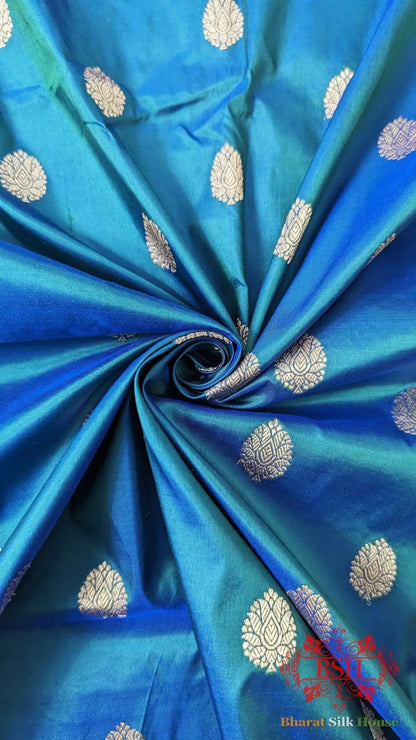 Pure Banarasi Handloom Katan Silk Antique Zari Saree In Shades Of Blue - Bharat Silk House Pure Kataan Silk