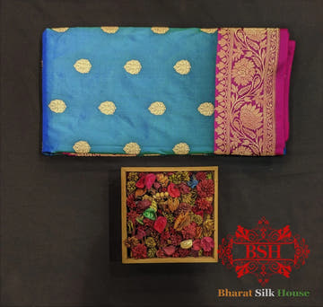 Pure Banarasi Handloom Katan Silk Antique Zari Saree In Shades Of Blue - Bharat Silk House Pure Kataan Silk