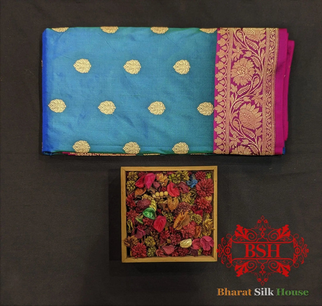 Pure Banarasi Handloom Katan Silk Antique Zari Saree In Shades Of Blue - Bharat Silk House Pure Kataan Silk