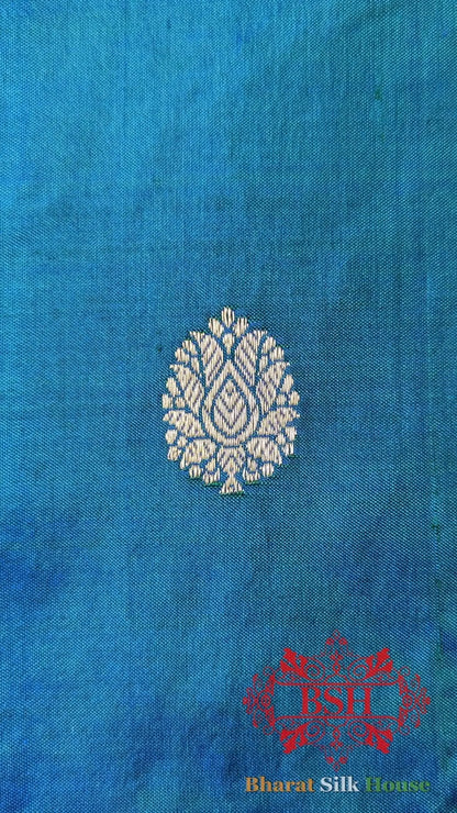Pure Banarasi Handloom Katan Silk Antique Zari Saree In Shades Of Blue - Bharat Silk House Pure Kataan Silk
