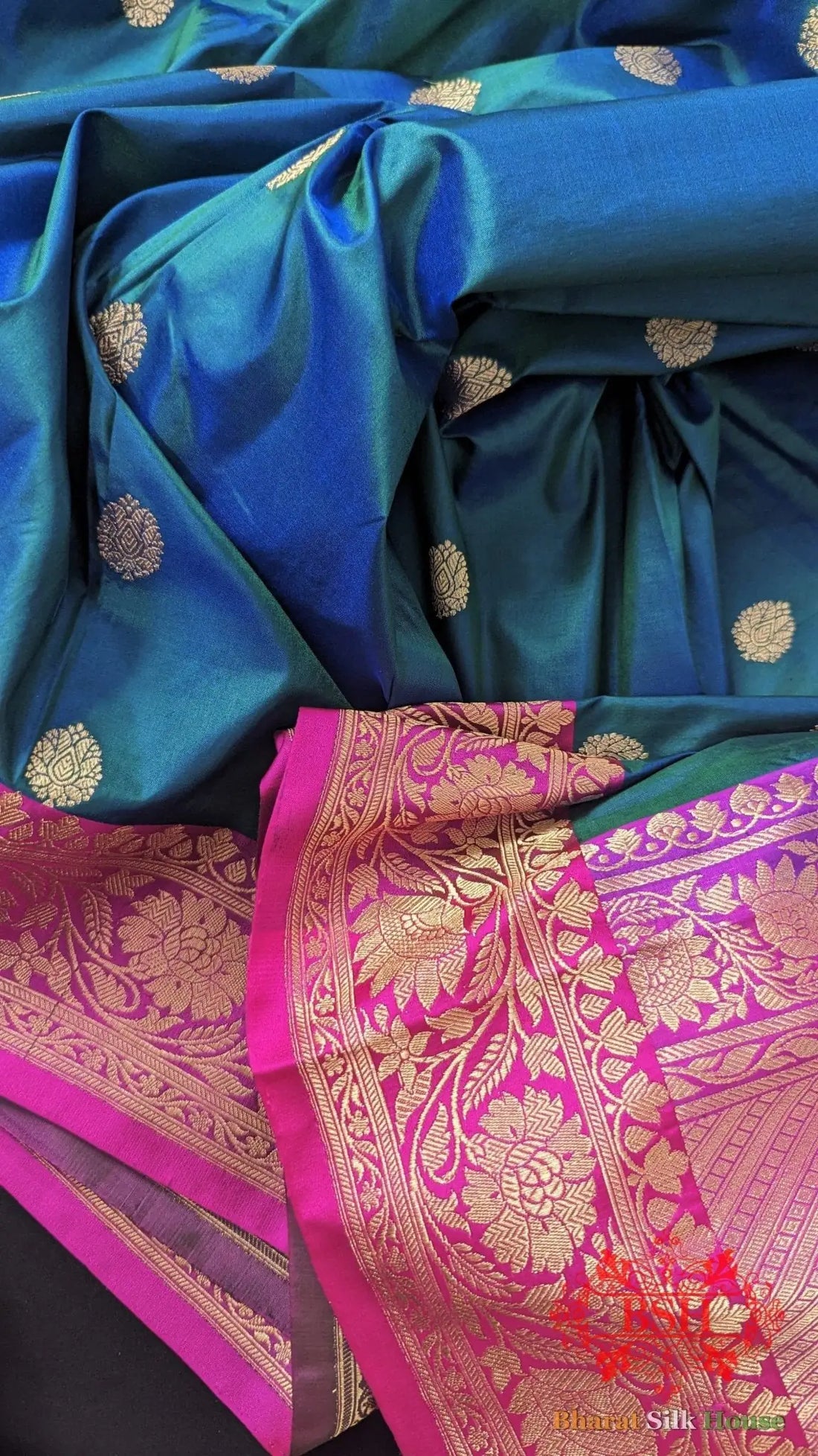 Pure Banarasi Handloom Katan Silk Antique Zari Saree In Shades Of Blue - Bharat Silk House Pure Kataan Silk