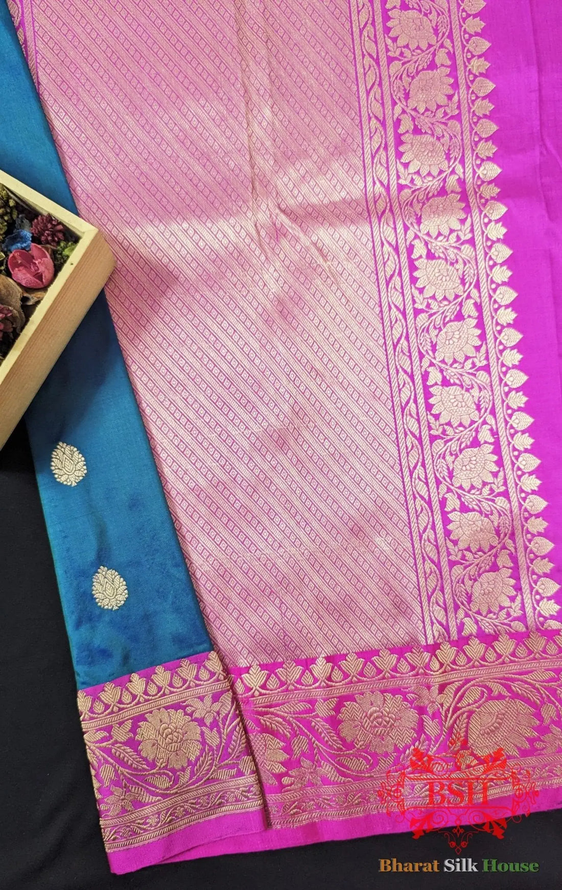 Pure Banarasi Handloom Katan Silk Antique Zari Saree In Shades Of Blue - Bharat Silk House Pure Kataan Silk