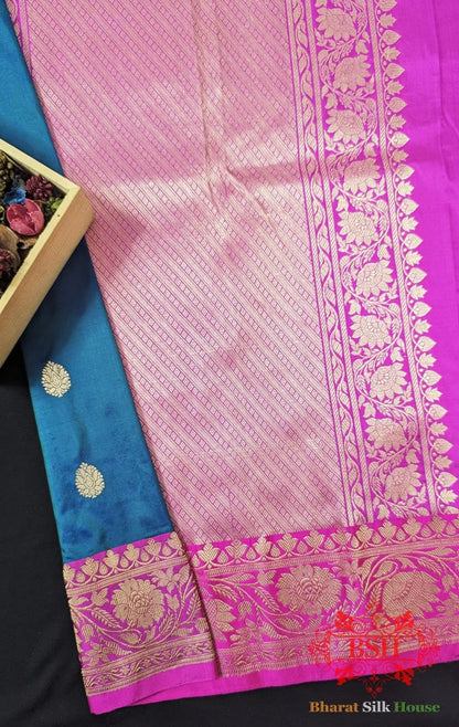 Pure Banarasi Handloom Katan Silk Antique Zari Saree In Shades Of Blue - Bharat Silk House Pure Kataan Silk