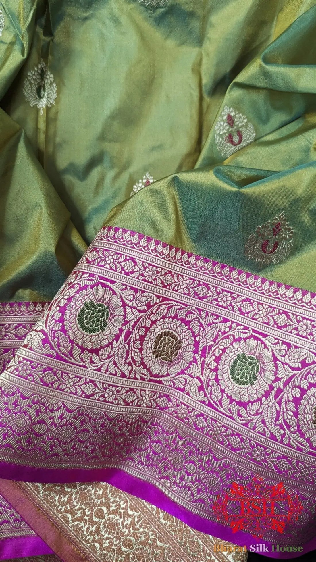 Pure Banarasi Handloom Katan Silk Antique Zari Saree In Shades Of Cross Color - Bharat Silk House Pure Kataan Silk