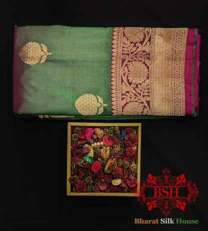 Pure Banarasi Handloom Katan Silk Antique Zari Saree In Shades Of Cross Color - Bharat Silk House Pure Kataan Silk
