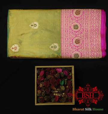 Pure Banarasi Handloom Katan Silk Antique Zari Saree In Shades Of Cross Color - Bharat Silk House Pure Kataan Silk