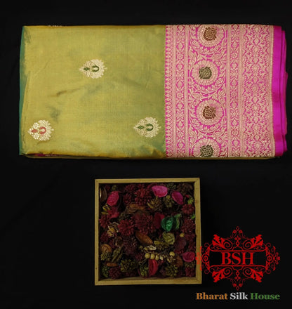 Pure Banarasi Handloom Katan Silk Antique Zari Saree In Shades Of Cross Color - Bharat Silk House Pure Kataan Silk