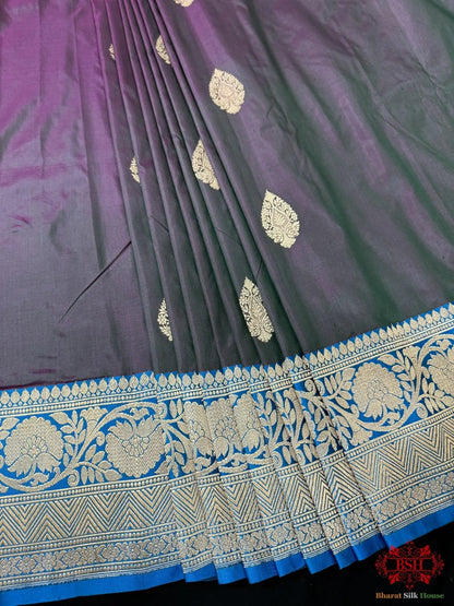 Pure Banarasi Handloom Katan Silk Antique Zari Saree In Shades Of Cross Colour - Bharat Silk House Pure Kataan Silk