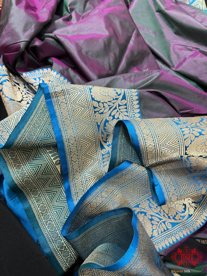 Pure Banarasi Handloom Katan Silk Antique Zari Saree In Shades Of Cross Colour - Bharat Silk House Pure Kataan Silk