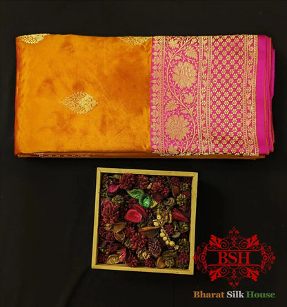 Pure Banarasi Handloom Katan Silk Antique Zari Saree In Shades Of Cross Colour - Bharat Silk House Pure Kataan Silk