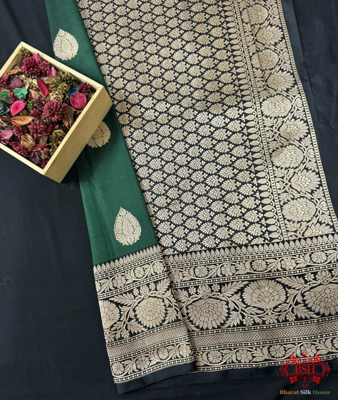 Pure Banarasi Handloom Katan Silk Antique Zari Saree In Shades Of Green - Bharat Silk House Pure Kataan Silk