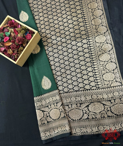 Pure Banarasi Handloom Katan Silk Antique Zari Saree In Shades Of Green - Bharat Silk House Pure Kataan Silk