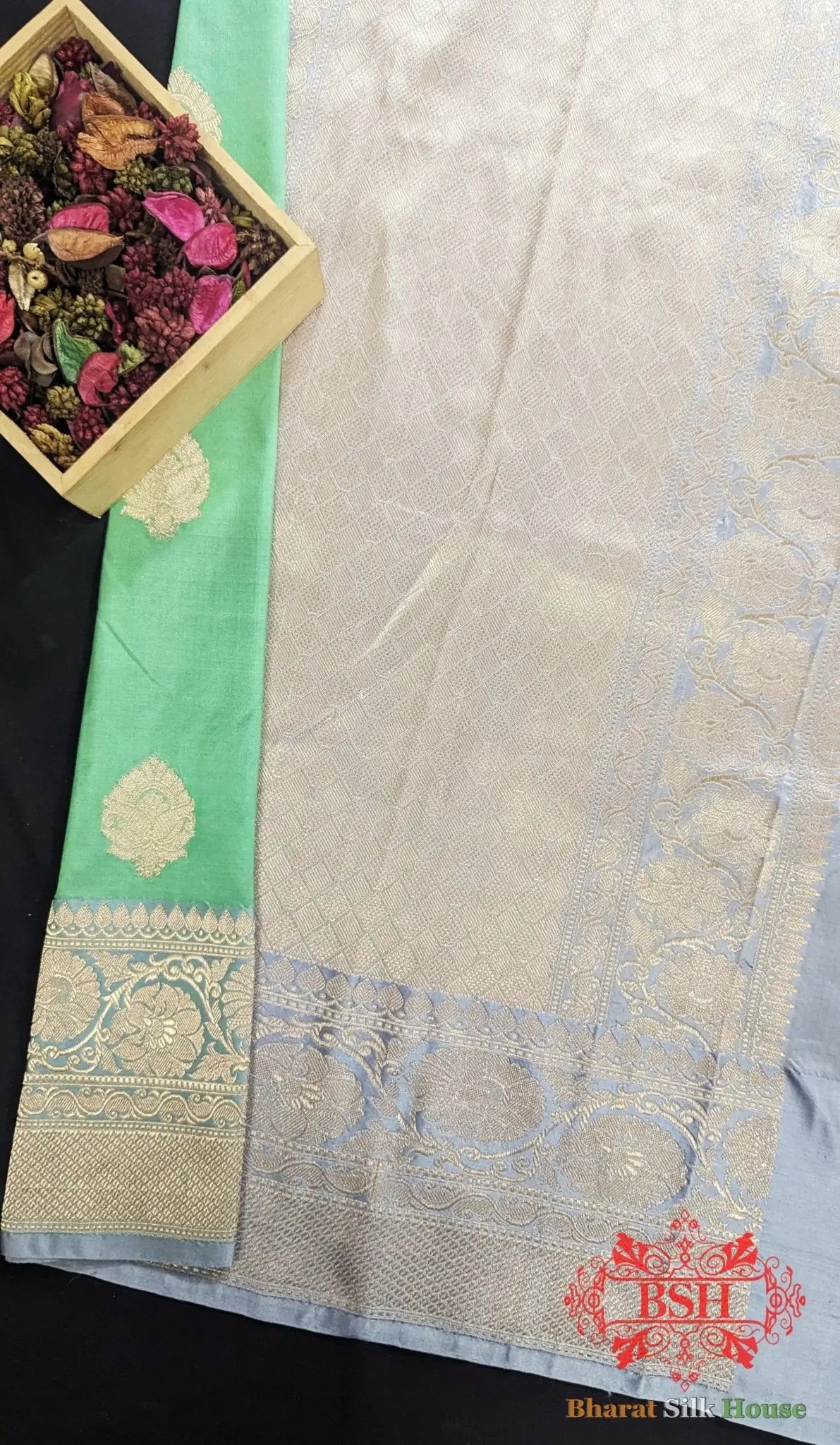 Pure Banarasi Handloom Katan Silk Antique Zari Saree In Shades Of Green - Bharat Silk House Pure Kataan Silk