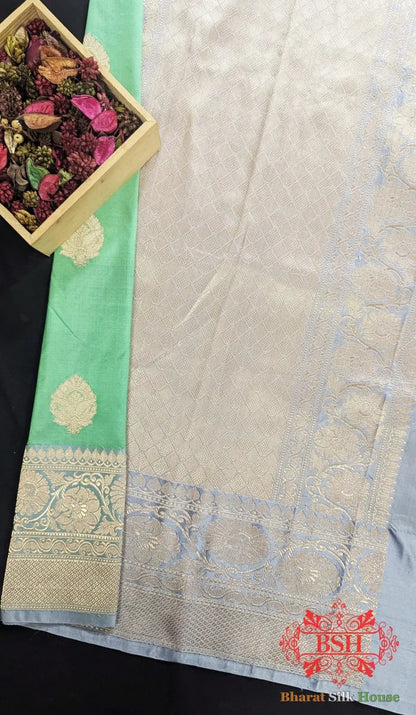 Pure Banarasi Handloom Katan Silk Antique Zari Saree In Shades Of Green - Bharat Silk House Pure Kataan Silk