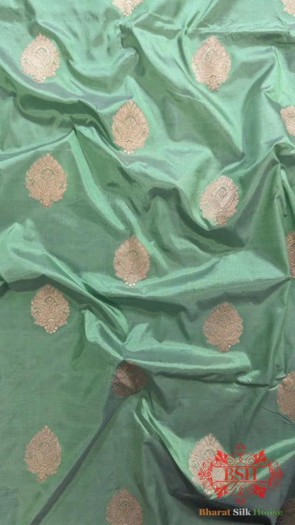Pure Banarasi Handloom Katan Silk Antique Zari Saree In Shades Of Green - Bharat Silk House Pure Kataan Silk