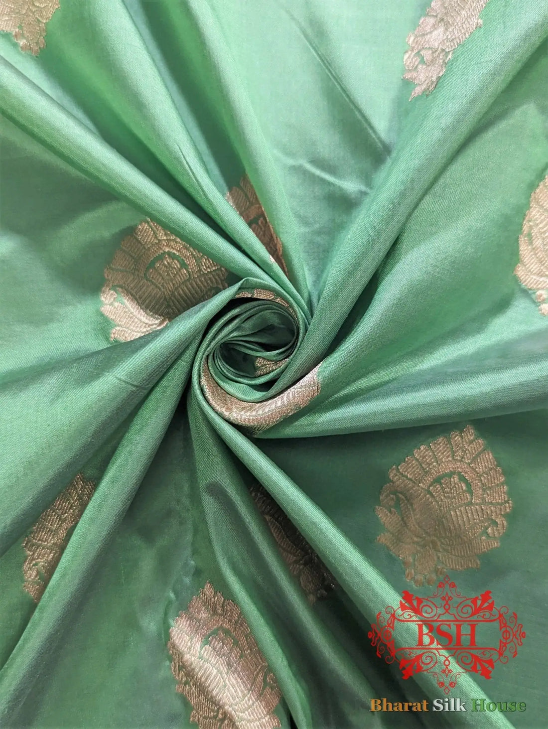 Pure Banarasi Handloom Katan Silk Antique Zari Saree In Shades Of Green - Bharat Silk House Pure Kataan Silk