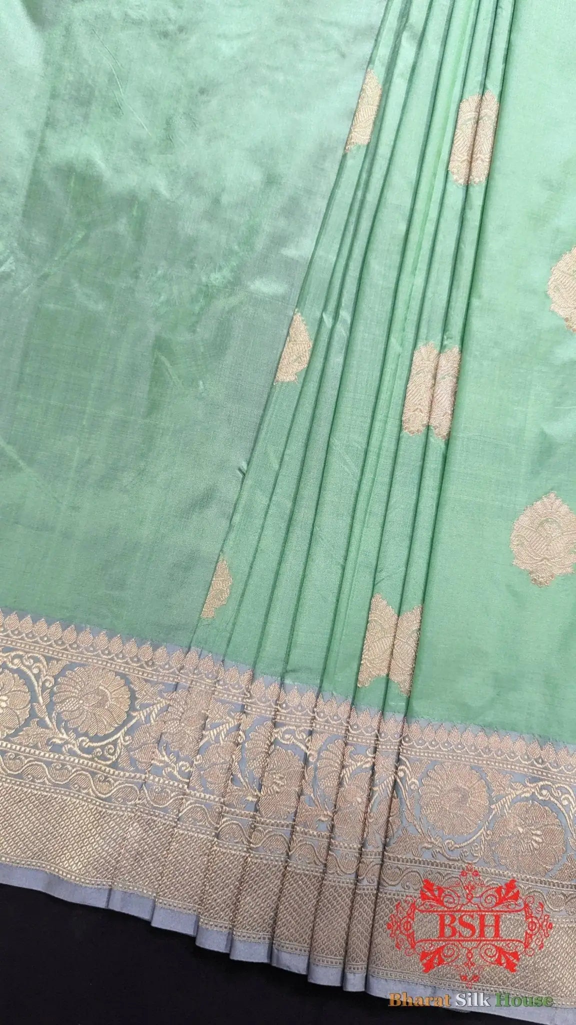 Pure Banarasi Handloom Katan Silk Antique Zari Saree In Shades Of Green - Bharat Silk House Pure Kataan Silk