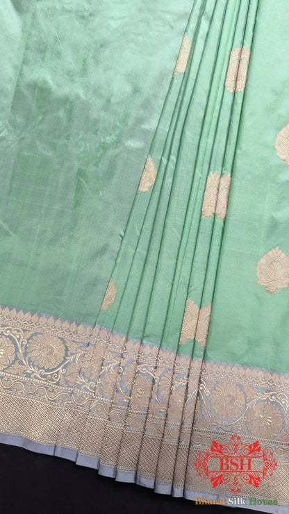 Pure Banarasi Handloom Katan Silk Antique Zari Saree In Shades Of Green - Bharat Silk House Pure Kataan Silk