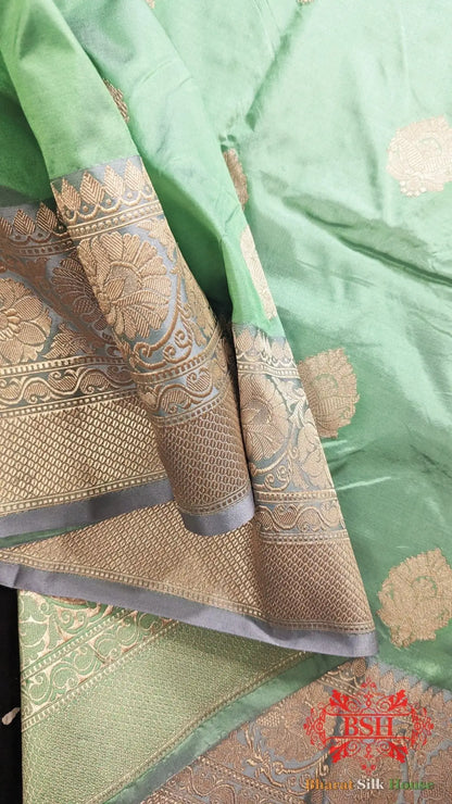 Pure Banarasi Handloom Katan Silk Antique Zari Saree In Shades Of Green - Bharat Silk House Pure Kataan Silk