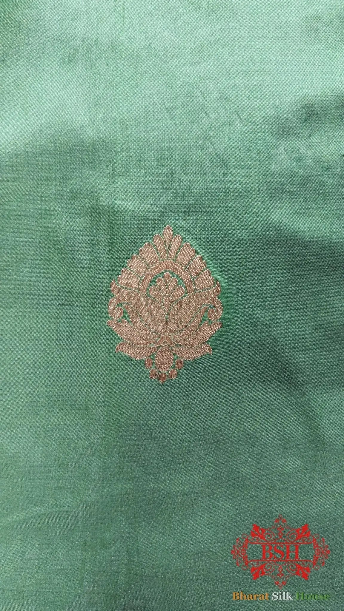 Pure Banarasi Handloom Katan Silk Antique Zari Saree In Shades Of Green - Bharat Silk House Pure Kataan Silk