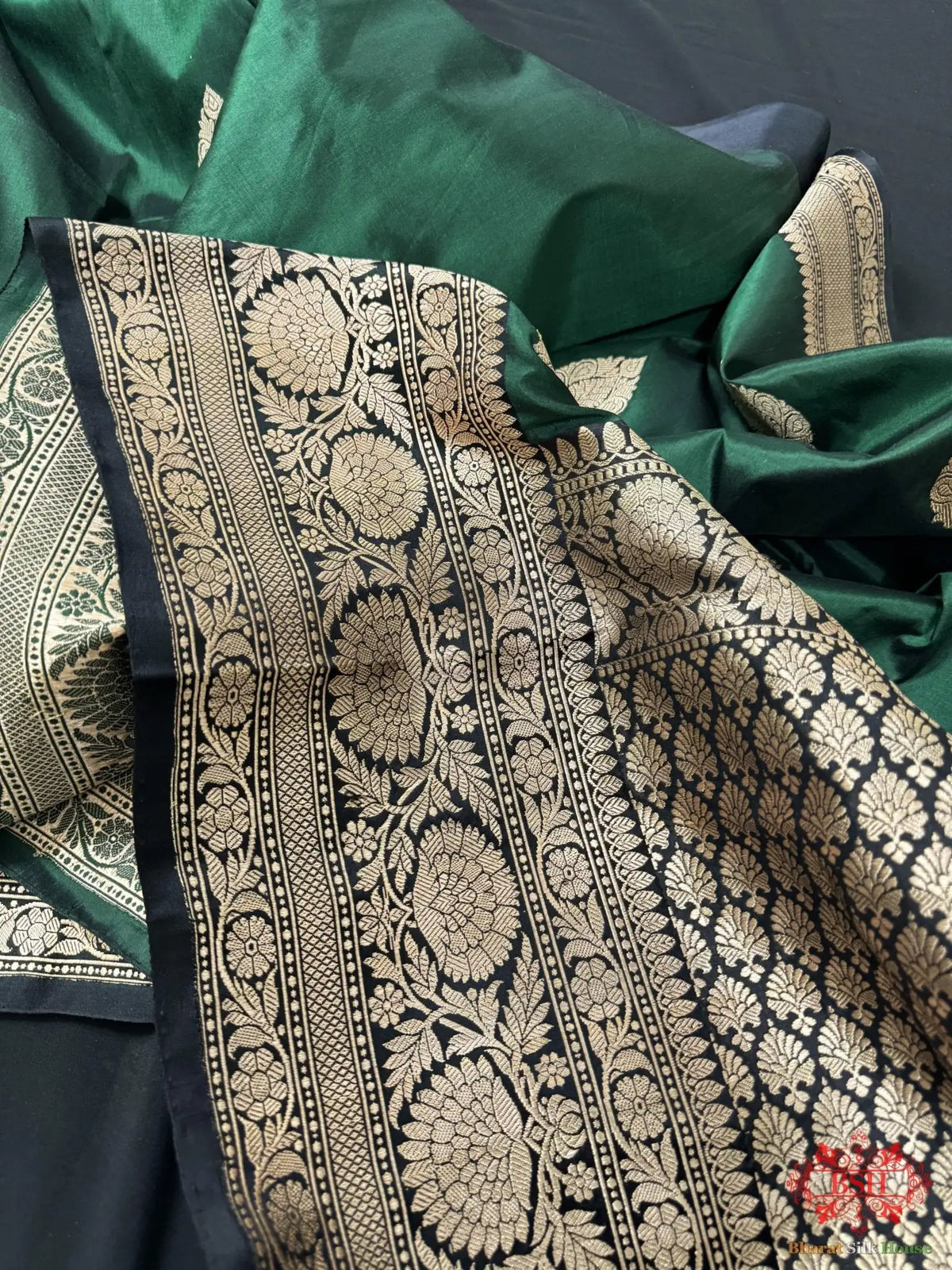 Pure Banarasi Handloom Katan Silk Antique Zari Saree In Shades Of Green - Bharat Silk House Pure Kataan Silk