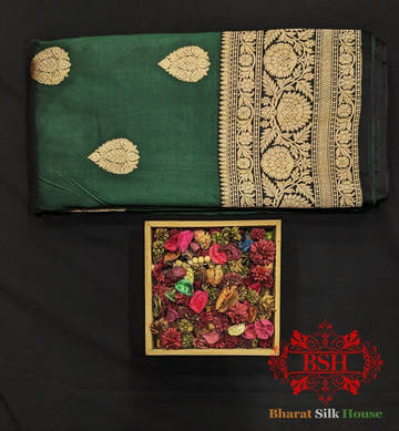 Pure Banarasi Handloom Katan Silk Antique Zari Saree In Shades Of Green - Bharat Silk House Pure Kataan Silk