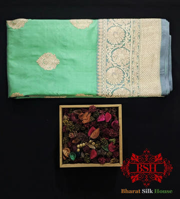 Pure Banarasi Handloom Katan Silk Antique Zari Saree In Shades Of Green - Bharat Silk House Pure Kataan Silk