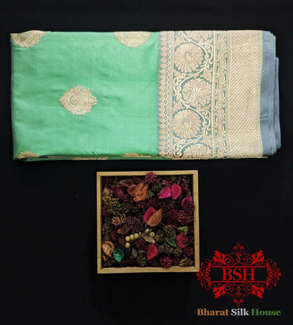 Pure Banarasi Handloom Katan Silk Antique Zari Saree In Shades Of Green - Bharat Silk House Pure Kataan Silk