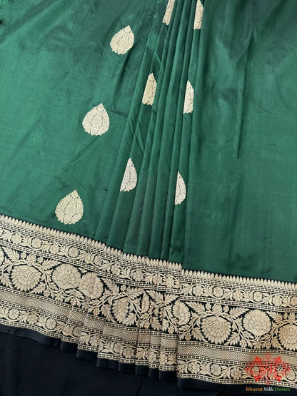 Pure Banarasi Handloom Katan Silk Antique Zari Saree In Shades Of Green - Bharat Silk House Pure Kataan Silk