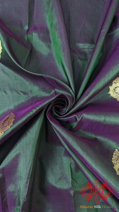 Pure Banarasi Handloom Katan Silk Antique Zari Saree In Shades Of Green/Pink Cross Color - Bharat Silk House Pure Kataan Silk