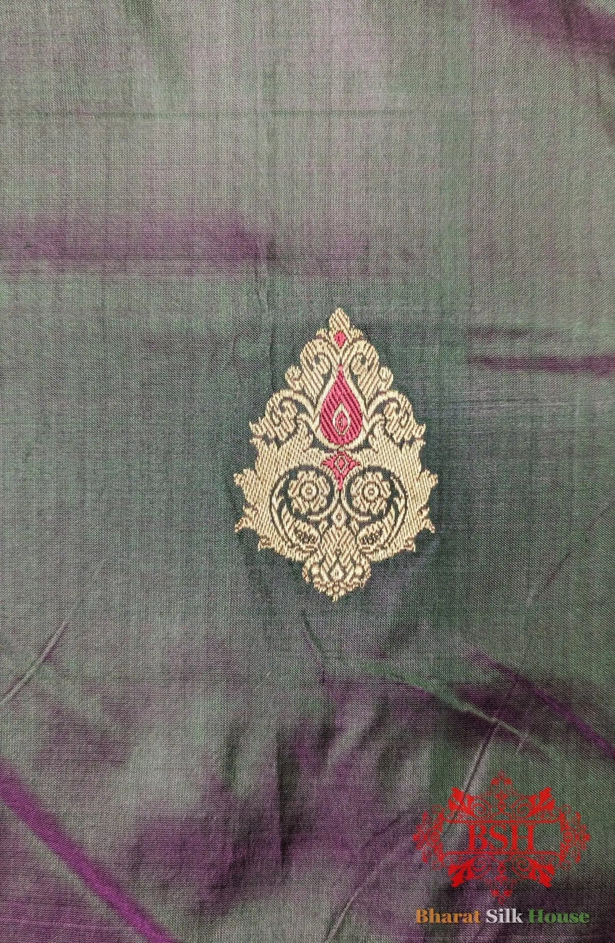Pure Banarasi Handloom Katan Silk Antique Zari Saree In Shades Of Green/Pink Cross Color - Bharat Silk House Pure Kataan Silk