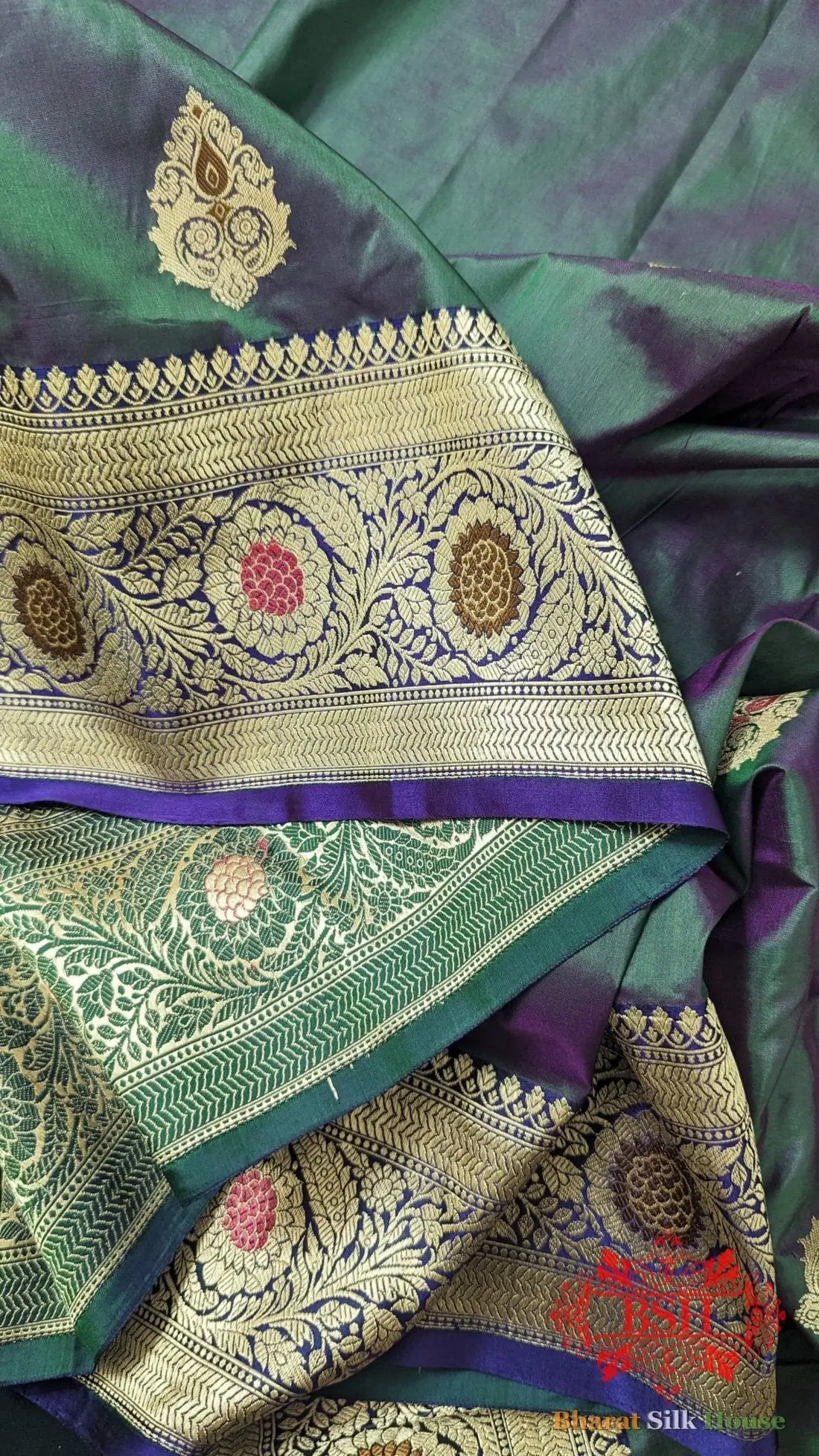 Pure Banarasi Handloom Katan Silk Antique Zari Saree In Shades Of Green/Pink Cross Color - Bharat Silk House Pure Kataan Silk