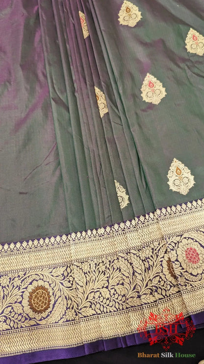 Pure Banarasi Handloom Katan Silk Antique Zari Saree In Shades Of Green/Pink Cross Color - Bharat Silk House Pure Kataan Silk